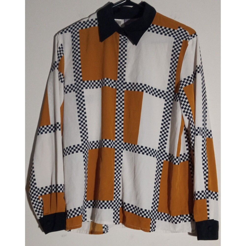 Vintage Bora Bora 90s Checkerboard Geometric Blouse Sz M Retro Statement Top